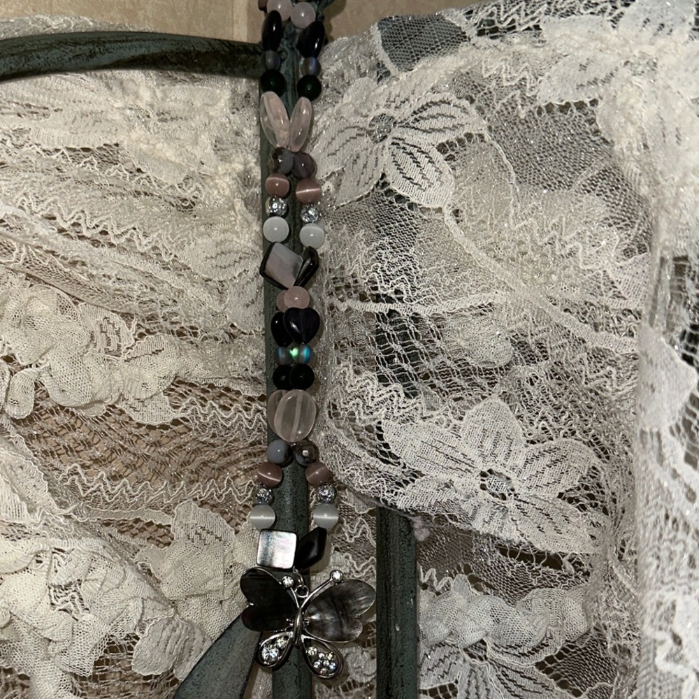 Mystical Mirrors HangCharm (Rose Quartz, Black Iridescent Shell, Canadian Jade)